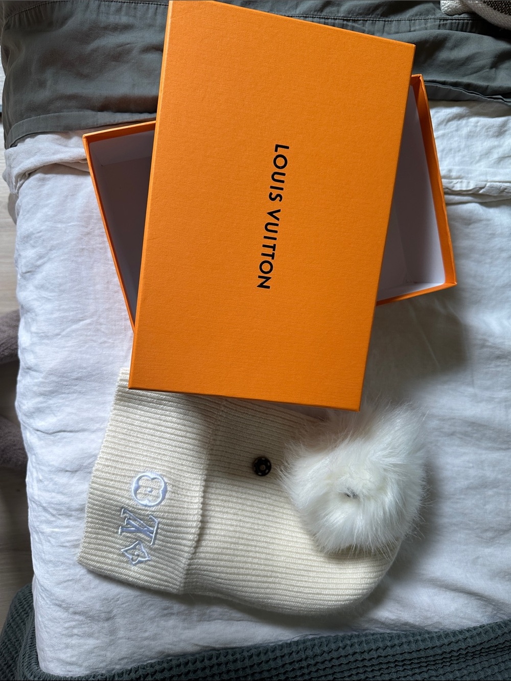 Louis Vuitton Cream Knit Beanie with Fur Pom with tags